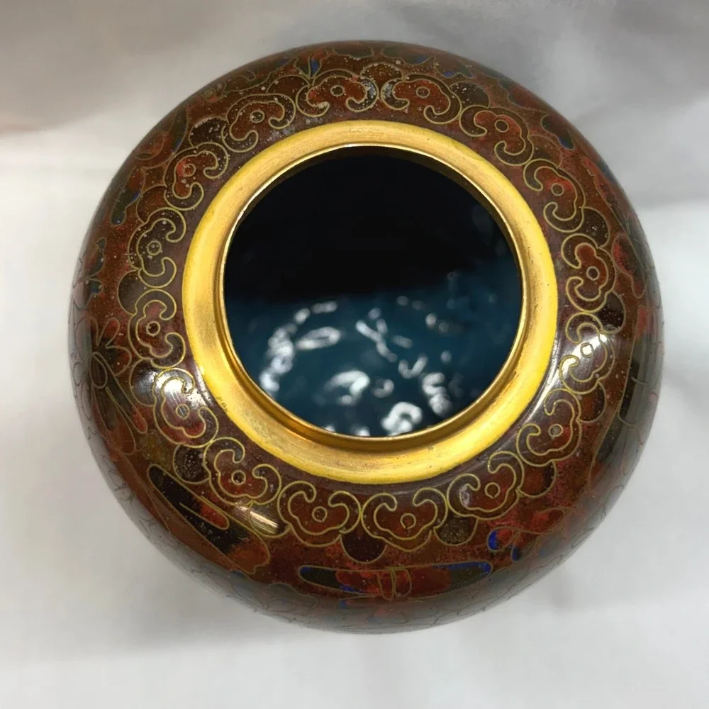 Vintage Cloisonne Enamel Vase Small Red Floral Brass 4.75in Good Chinoiserie